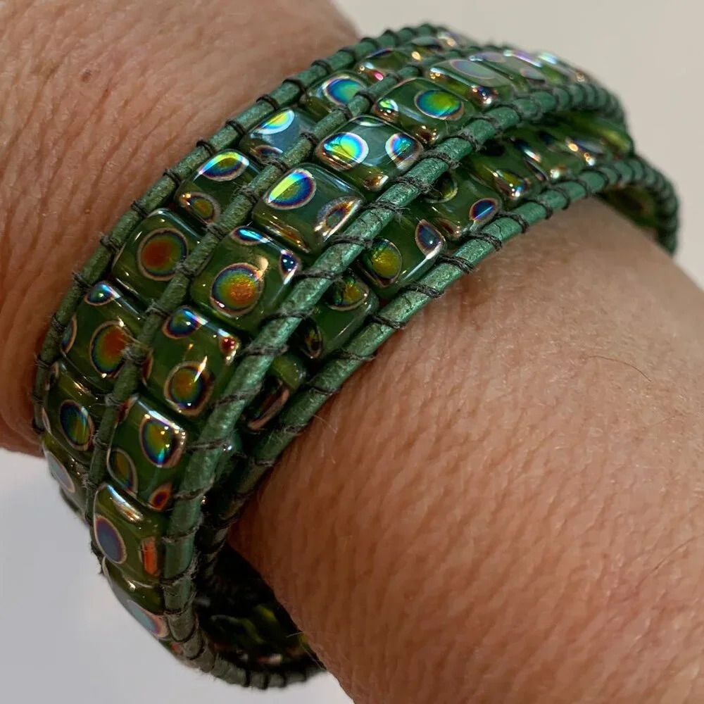 Bespoke Glass Leather Bead Cuff Bracelet - Gold & Green Aura Finish - Handmade - Picture 3 of 7